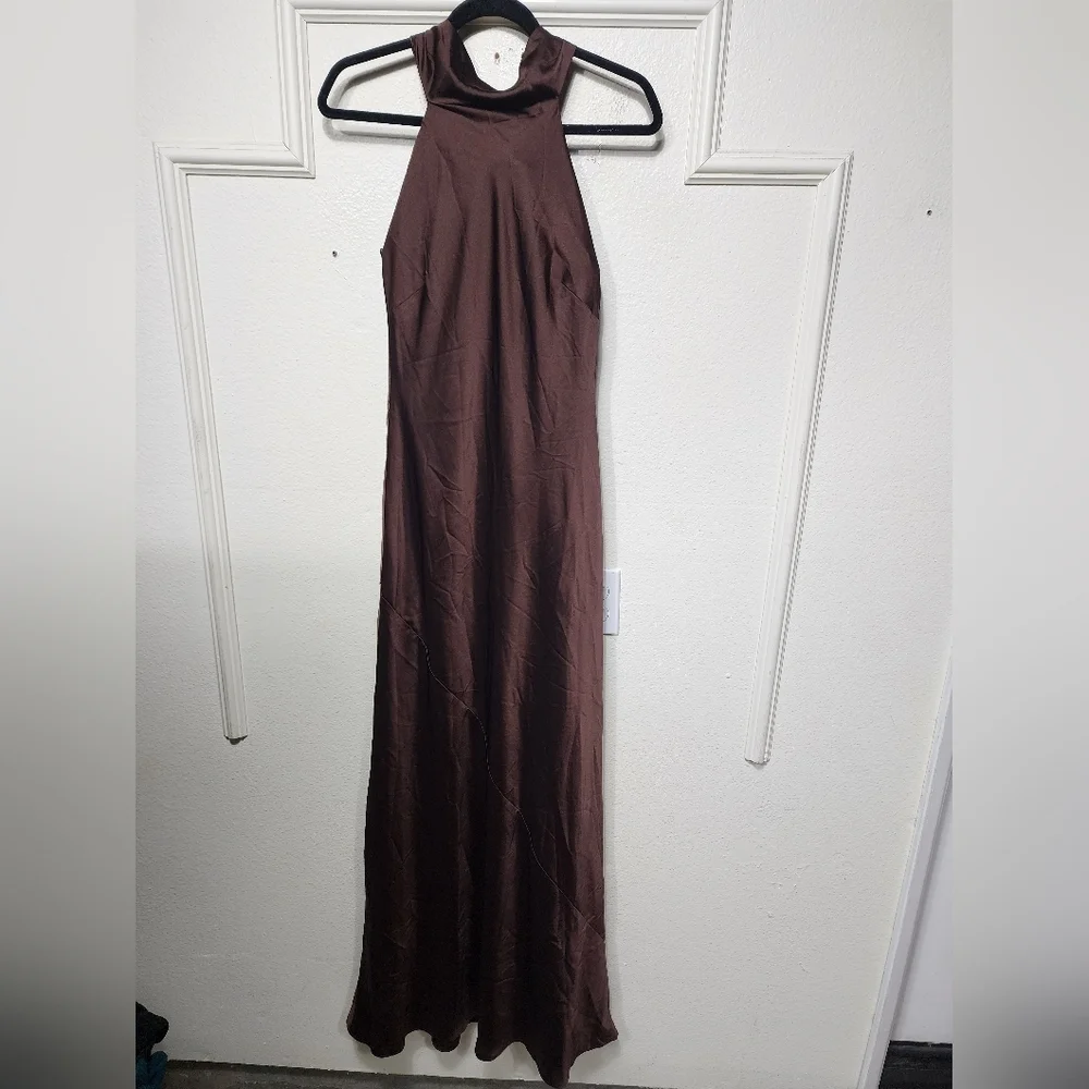 Show Me Your MUMU Lisa Maxi Dress XS Chocolate Luxe Satin Wedding Party Prom - Picture 7 of 11